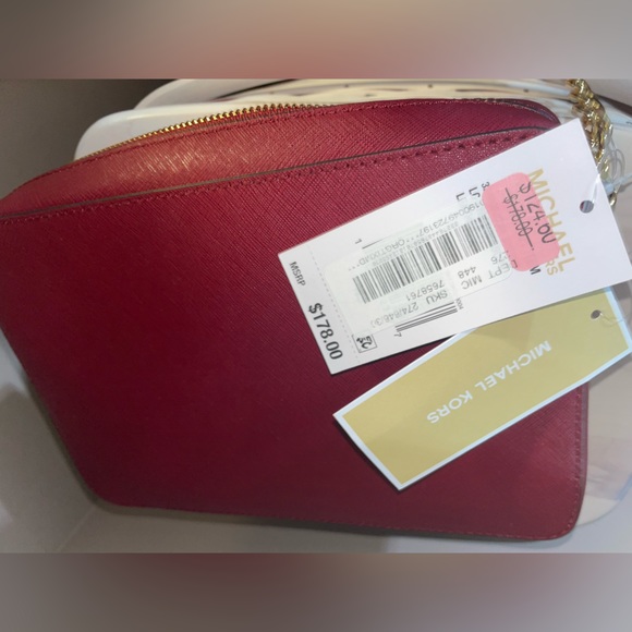 Michael Kors LG Frame Out Item Cherry Red Cross Grain Leather Crossbody Bag - Picture 13 of 16